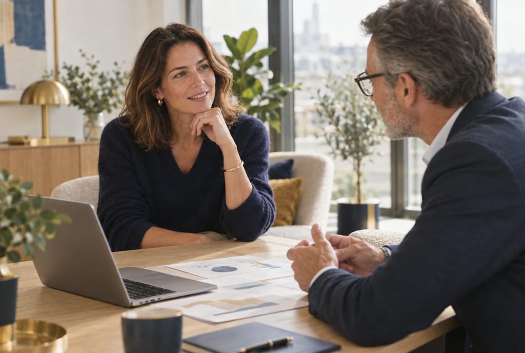 Femme en rendez-vous avec un conseiller en gestion de patrimoine dans un bureau lumineux